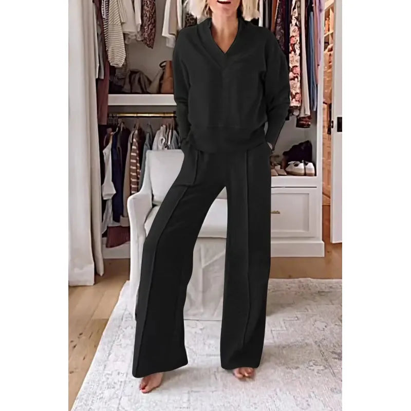 V-Neck Long-Sleeved Loose Casual Pants Suit