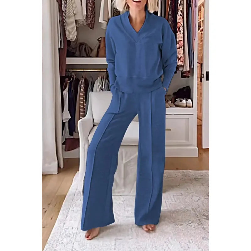 V-Neck Long-Sleeved Loose Casual Pants Suit