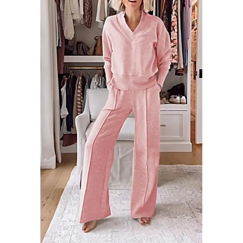 V-Neck Long-Sleeved Loose Casual Pants Suit