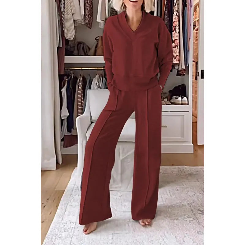 V-Neck Long-Sleeved Loose Casual Pants Suit