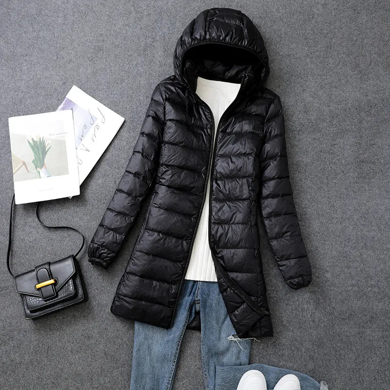 Women's Large Mid-length Hooded Ultra-thin White Duck Down Coat