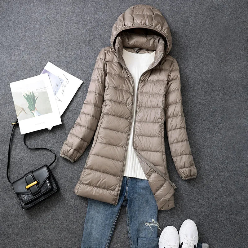 Women's Large Mid-length Hooded Ultra-thin White Duck Down Coat