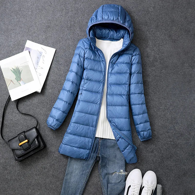Women's Large Mid-length Hooded Ultra-thin White Duck Down Coat