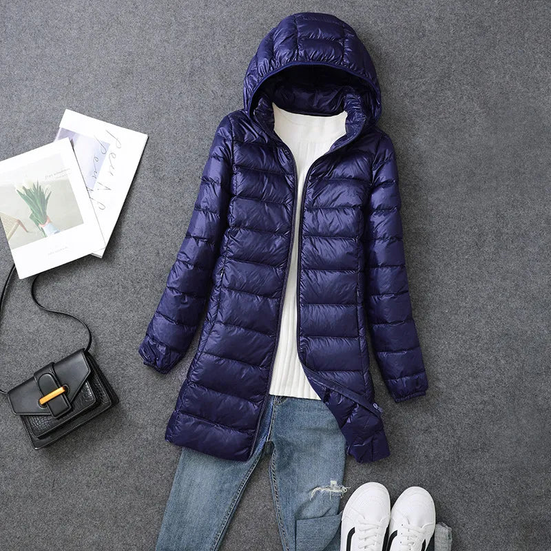 Women's Large Mid-length Hooded Ultra-thin White Duck Down Coat