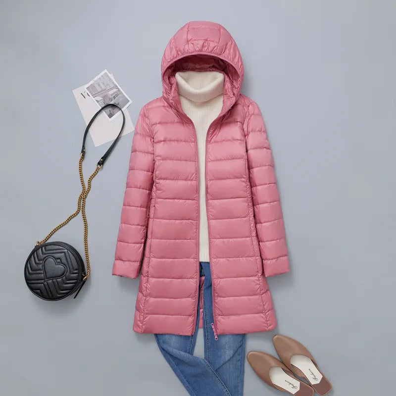 Women's Large Mid-length Hooded Ultra-thin White Duck Down Coat