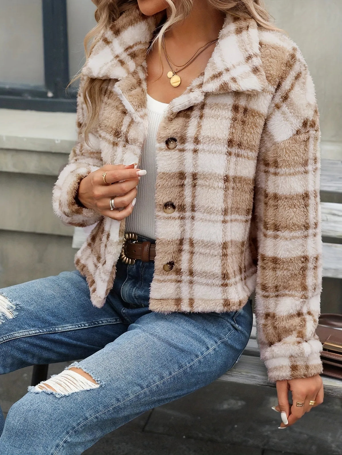 Double-sided Plush Plaid Button-up Casual Jacket