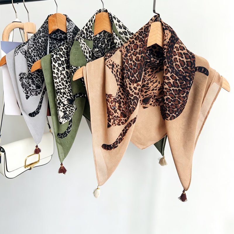 Jungle Cheetah Print Square Silk Scarf with Tassels