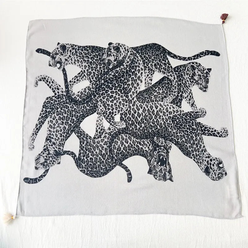 Jungle Cheetah Print Square Silk Scarf with Tassels