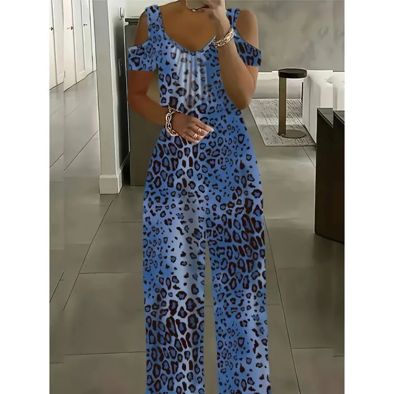 Women Leopard Print Cold Shoulder Wide Leg Jumpsuit