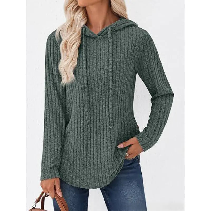 Women's Solid-color Ribbed Hooded Loose-fit Pullover Top