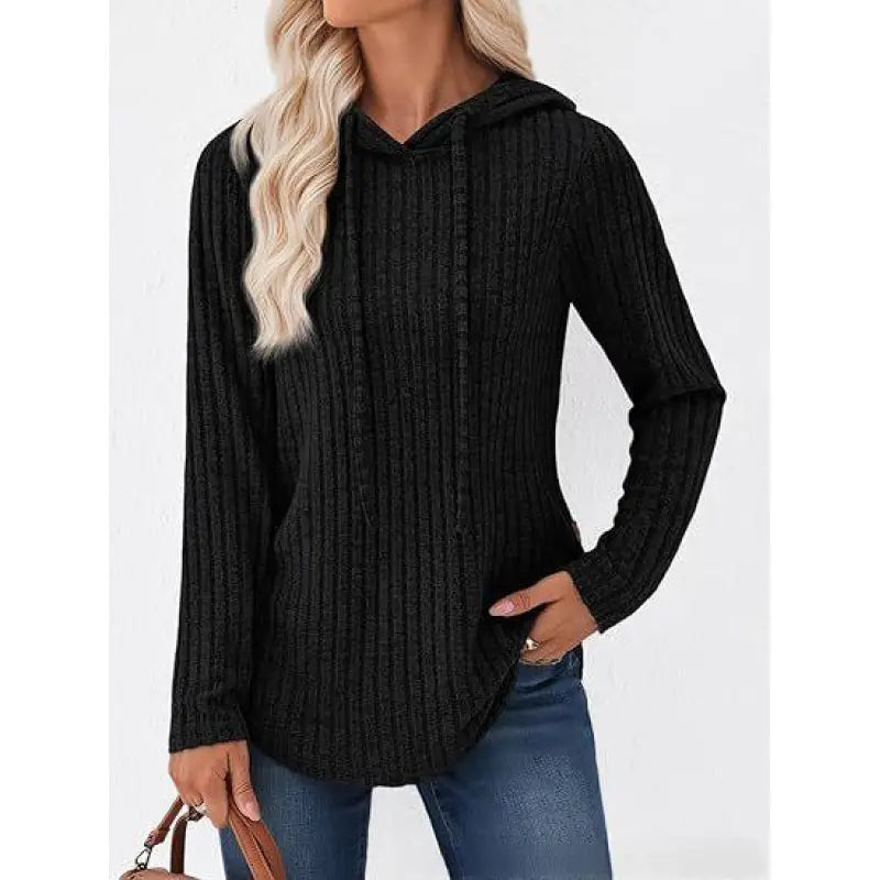 Women's Solid-color Ribbed Hooded Loose-fit Pullover Top