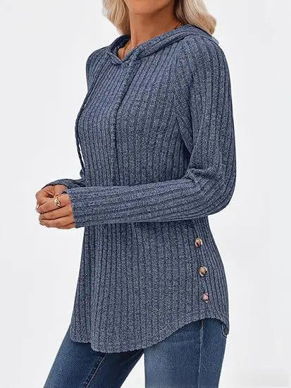Women's Solid-color Ribbed Hooded Loose-fit Pullover Top