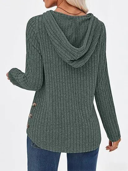 Women's Solid-color Ribbed Hooded Loose-fit Pullover Top