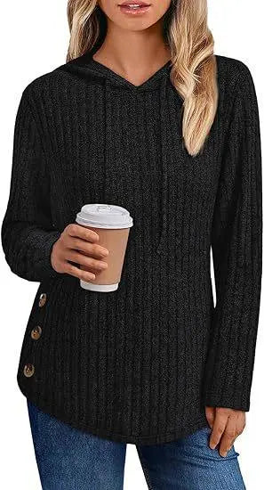 Women's Solid-color Ribbed Hooded Loose-fit Pullover Top