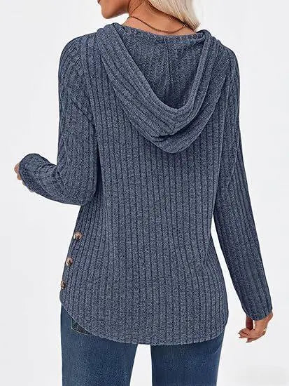Women's Solid-color Ribbed Hooded Loose-fit Pullover Top