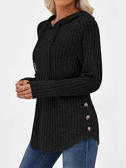 Women's Solid-color Ribbed Hooded Loose-fit Pullover Top