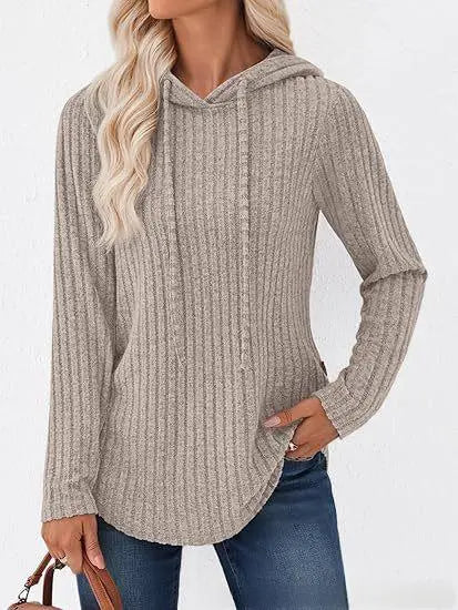 Women's Solid-color Ribbed Hooded Loose-fit Pullover Top