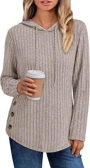 Women's Solid-color Ribbed Hooded Loose-fit Pullover Top