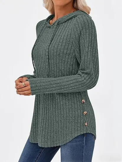 Women's Solid-color Ribbed Hooded Loose-fit Pullover Top