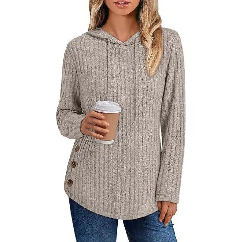 Women's Solid-color Ribbed Hooded Loose-fit Pullover Top