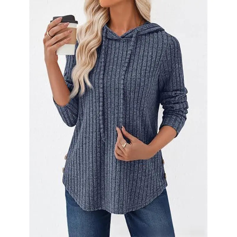 Women's Solid-color Ribbed Hooded Loose-fit Pullover Top