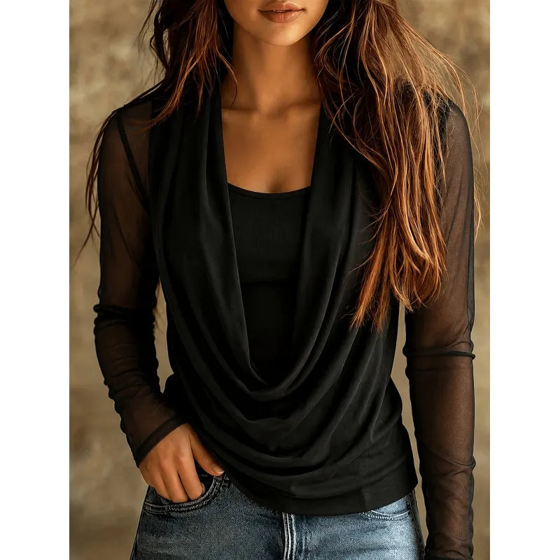 Women's Solid-color Ruffled-neck Spliced Mesh With Straps