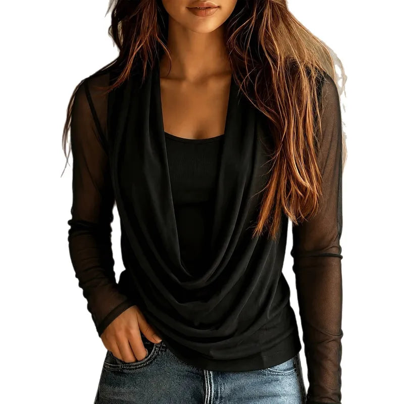 Women's Solid-color Ruffled-neck Spliced Mesh With Straps