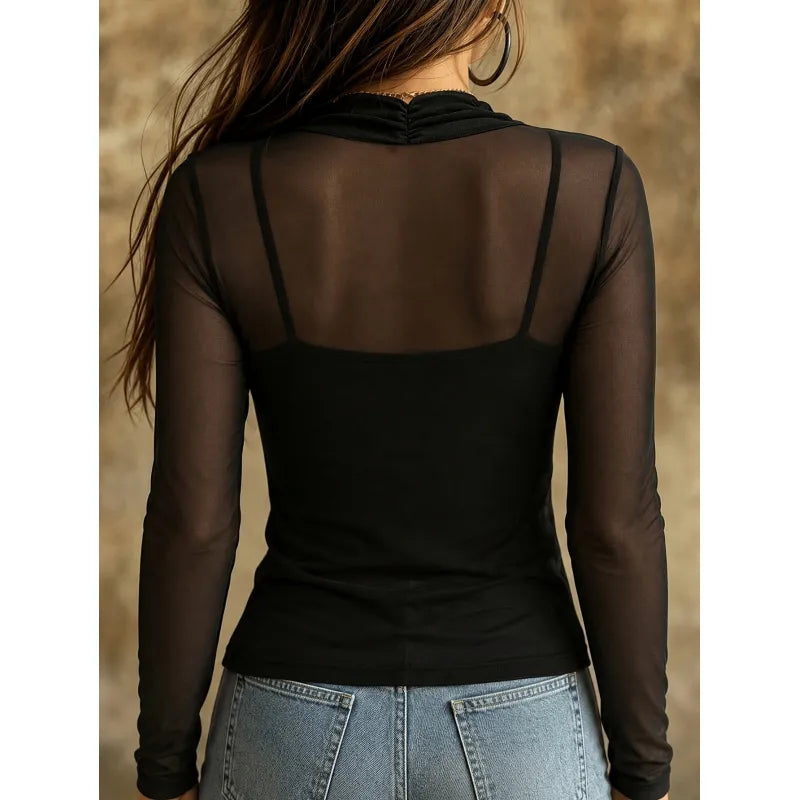Women's Solid-color Ruffled-neck Spliced Mesh With Straps